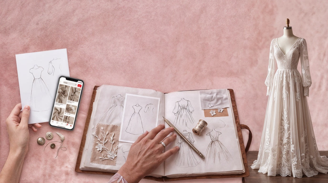 A styled flat-lay of a bridal fashion design process on a pink textured background, featuring a completed white lace wedding gown on a mannequin, an open sketchbook with dress designs, a smartphone showing a design mockup, and hands holding a sketch sheet.